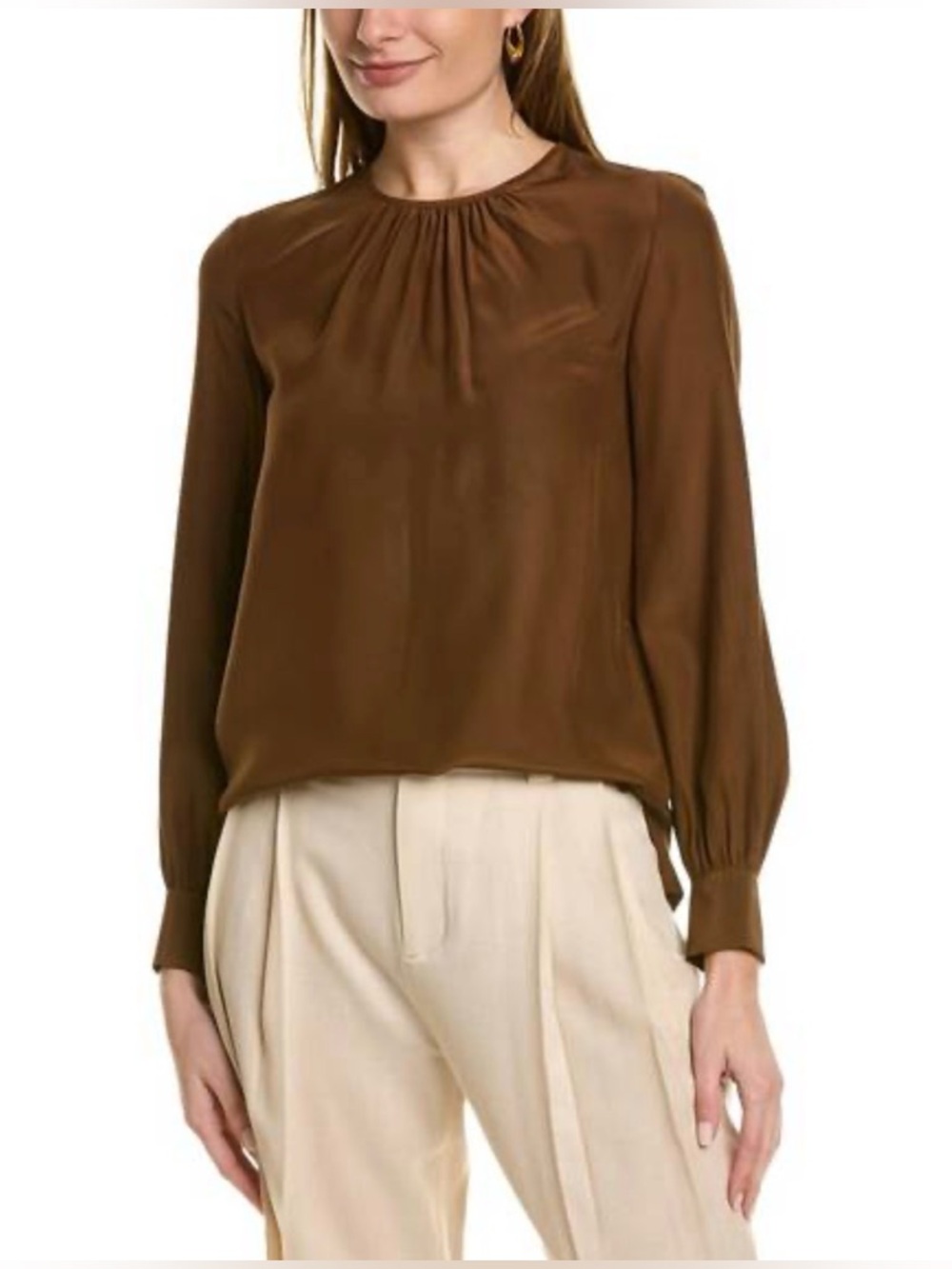 Lafayette 148 New York Women's Brown Silk Round Neck Blouse